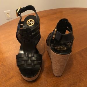 Tory Burch Black Leather Cork Wedge